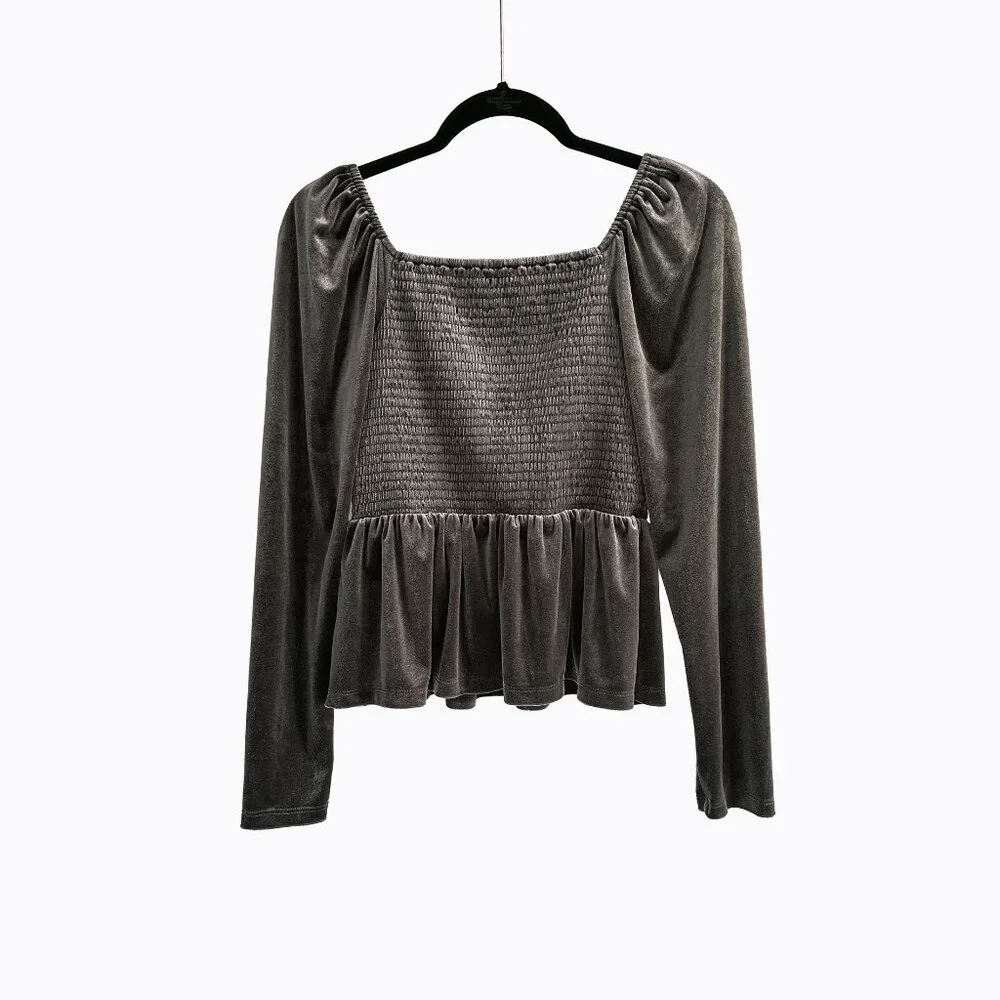 Gap Smocked Peplum Velvet Top M Puff Sleeve Brown Noir Y2K Whimsigoth 90s Grunge